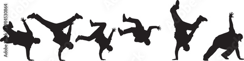 Dynamic collection of breakdance silhouettes in various acrobatic and expressive poses, capturing the energetic spirit of urban street dance and performance art