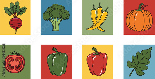 Colorful Set of Hand-Drawn Vegetables Including Radish, Broccoli, Banana, and Pumpkin on Bright Backgrounds for Farm and Fresh Food Themes