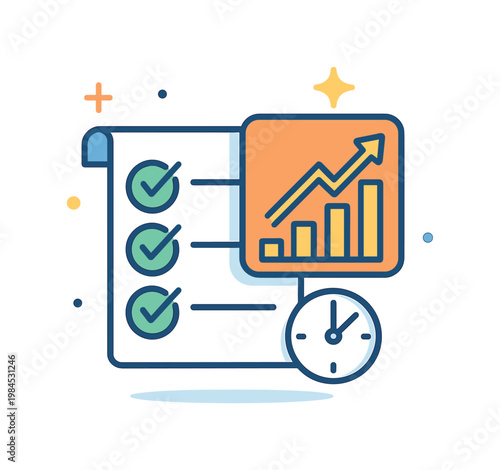 Productivity tracking focused on monitoring performance and improving efficiency in a work environment, a checklist combined with a rising chart and a small clock