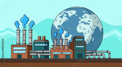 Illustrative representation of industrial factories emitting smoke, highlighting the environmental impact and global warming challenge for a sustainable planet