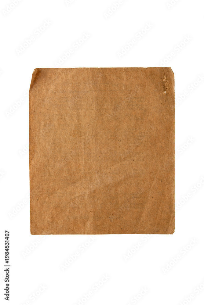 Naklejka premium Old vintage book page, aged brown paper texture with ragged edges. Square brown paper scrap, textured paper piece isolated on transparent background. 