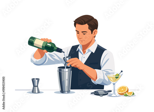 A bartending moment focused on mixing ingredients with precision and attention to detail, illustrating craftsmanship, routine preparation, and beverage service in a