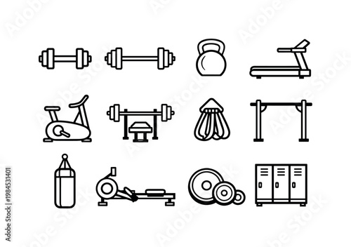 Gym equipment: dumbbell, barbell, kettlebell, treadmill, exercise bike, bench press, resistance bands, pull up bar, punching bag, rowing machine, weight plates, gym