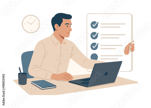 A professional organizing daily priorities in a structured workflow scene, seated at a desk with a laptop while adjusting a large simplified checklist panel next to it,