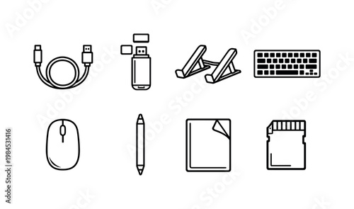 Tech accessories: charging cable, usb flash drive, laptop stand, keyboard, mouse, stylus pen, screen protector, memory card.