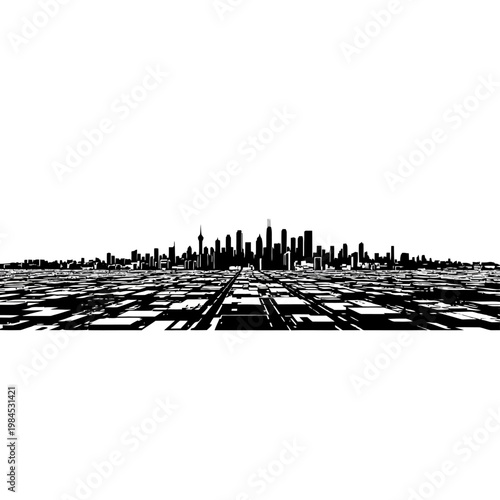 Monochrome Cityscape Silhouette with Perspective Grid.