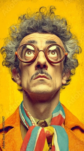 Whimsical april fool's accessories on a cheery background. Cinema artwork. Comical disguise ensemble with party elements in vivid yellow setting. Thriller poster. Fantasy poster.