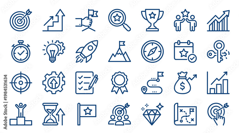 Fototapeta premium Business goals achievement and success strategy icons set representing growth targets planning strategy and winning elements