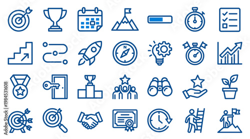 Collection of business and success icons representing goals achievements strategy planning and growth in a modern flat design style