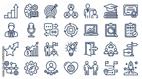 Business growth strategy and success icons depicting career development, teamwork, innovation, and achievement in a modern corporate setting