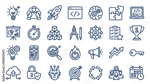 Collection of modern flat icons representing business strategy startup success innovation technology and teamwork concepts