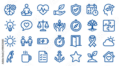 Collection of blue line icons representing health wellness and lifestyle concepts including mental health physical fitness and positive living elements