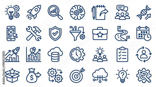 Collection of business and technology icons representing startup growth innovation strategy and digital transformation concepts