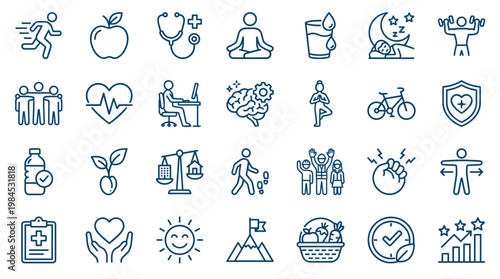 Healthy lifestyle icons set representing fitness nutrition mental wellbeing and medical care concepts for wellness and healthcare design