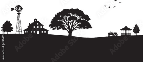 Stylized silhouette showcasing an idyllic rural landscape with a classic farmhouse, towering windmill, and working tractor, evoking a sense of tranquil country living and agricultural heritage