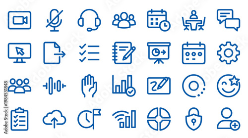 Collection of blue line icons representing business concepts like communication, planning, teamwork, and technology on a white background