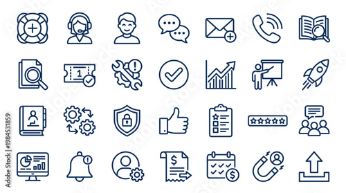 Modern business and finance icons set representing customer service, analytics, strategy, and technology solutions for digital platforms