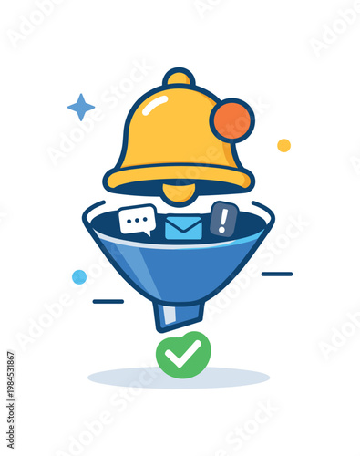 Smart notifications prioritization and signal filtering focused on separating important alerts from noise in digital communication, a notification bell combined with a