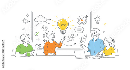 Creative office meeting focused on brainstorming and idea generation among colleagues, visualized through a whiteboard with simple sketches and a light bulb as the main