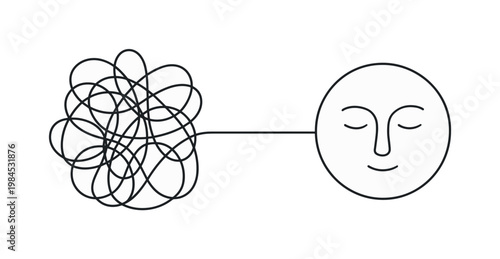 Reducing mental clutter and achieving calm focus in a digitally overloaded environment, a flowing line forming chaotic loops that gradually resolve into a clean circle,