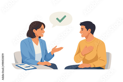 An individual receiving guidance and building confidence through one-on-one coaching sessions, illustrated by two people interacting beside a minimal speech bubble with a