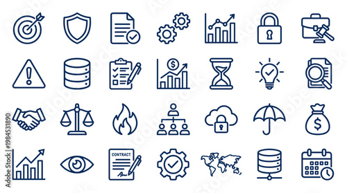 Collection of business and finance icons representing strategy success security data management and growth concepts on a clean background