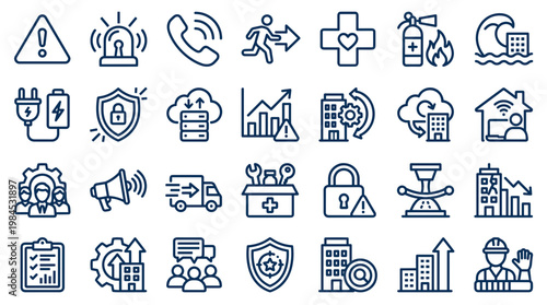 Collection of business and safety icons representing security emergency response and corporate management concepts