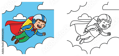 Vector cartoon illustration of a happy little boy flying with a jetpack and red cape in the sky. Includes color and black and white line art coloring book page for kids.