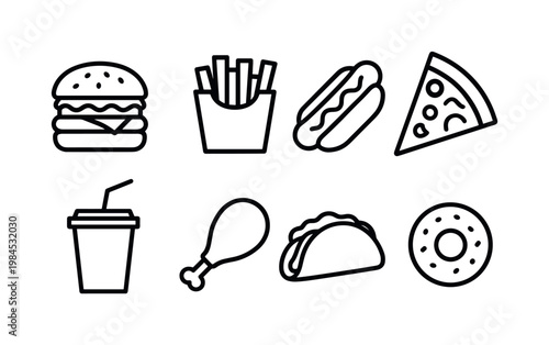 Fast food items: hamburger, french fries, hot dog, pizza slice, soda cup, fried chicken drumstick, taco, donut.