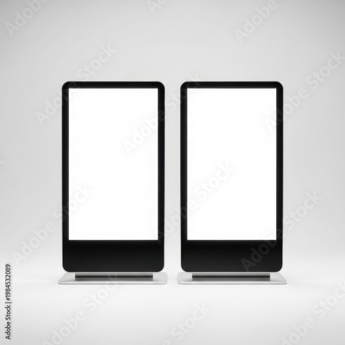 Modern black flat screen televisions with black stands on white background
