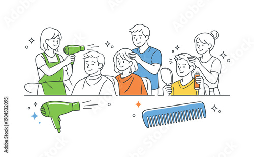 Hair styling professional service concept featuring salon staff providing grooming and styling services to clients, using a hairdryer and a single comb as the visual