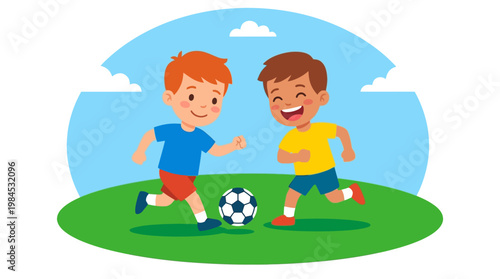 Two boys playing soccer outdoors happily.