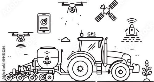 Vector illustration of a tractor with a seeder and drone flying overhead, surrounded by satellite, smartphone and sensor icons for precision farming