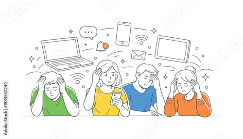 A modern lifestyle scenario where individuals feel overwhelmed by excessive use of multiple digital devices in daily life, shown through a small group surrounded by a