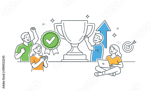 A corporate performance and incentive concept where organizations highlight accomplishments and encourage productivity through rewards systems, represented by a minimal