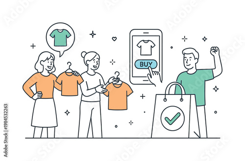 A customer journey concept where shoppers complete a clothing purchase from selection to checkout, visualized by a small group interacting near a simple shopping bag and
