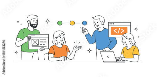 Innovation and collaboration in a creative workflow where designers and developers work together to bring concepts into functional solutions, illustrated by a group
