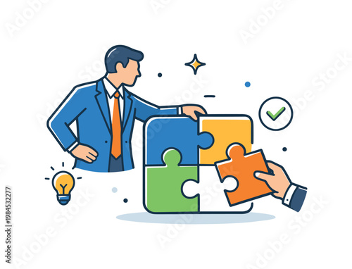 Business problem solving focused on analyzing challenges and finding effective solutions in a professional environment, a human figure placing the final puzzle piece into