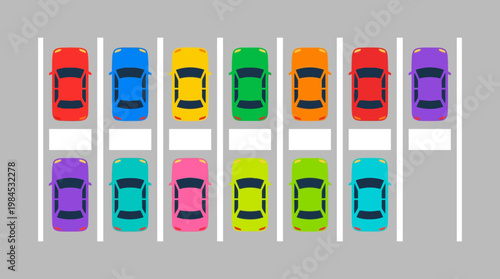 Colorful cars parked in a lot.