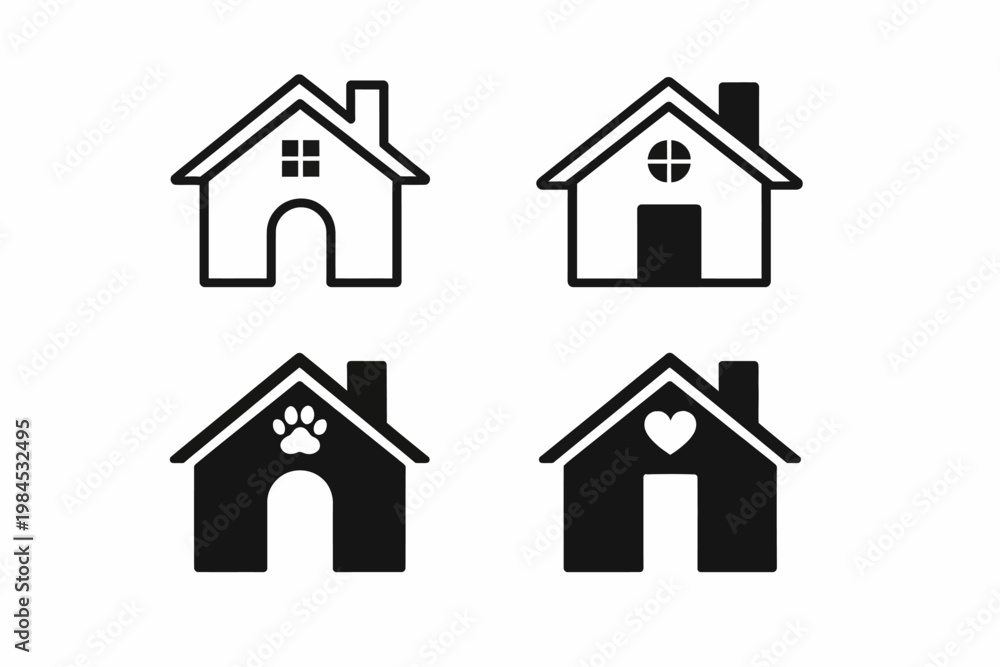 Fototapeta premium Four simple house icons black and white minimalist home illustrations
