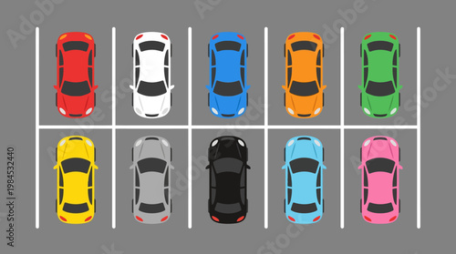 A parking lot with multiple colored cars.