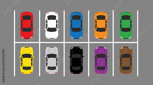 Colorful cars parked in a lot.