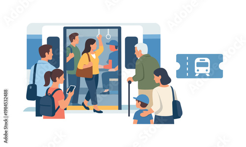 A public transportation moment where passengers commute by train in an organized and predictable system, illustrating accessibility, shared mobility, and everyday urban
