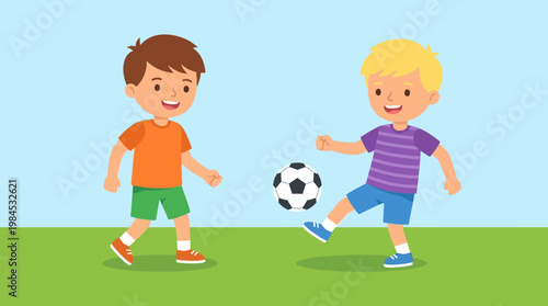 Two boys playing soccer outdoors happily.