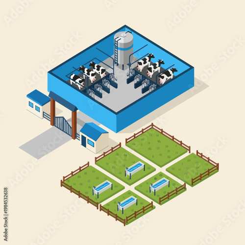 Dairy Farm Illustration with Cows and Barn.