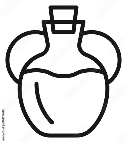 Black vector icon of a small glass oil or vinegar bottle with two handles and a cork stopper. Minimalist line art illustration of a kitchen cruet, amphora, or potion bottle for graphic design.