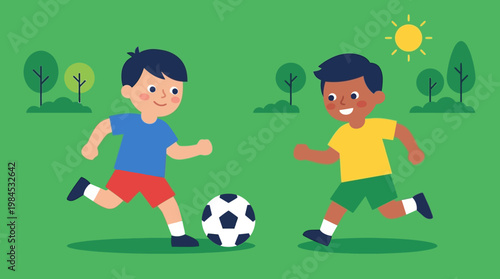 Two boys playing soccer outdoors happily.