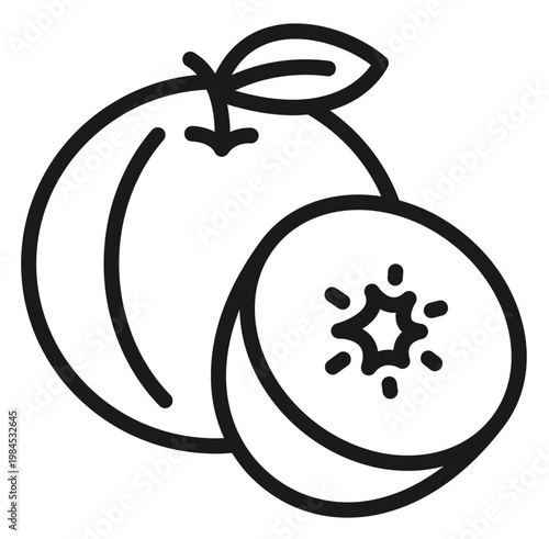 Tableau sur toile Minimalist black line art vector icon of a whole peach with a leaf and a sliced half peach showing the pit, isolated on a white background for web and graphic design projects