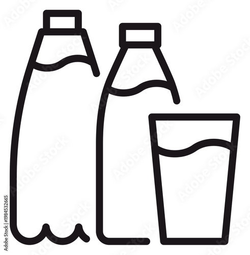 Minimalist black vector icon illustration of two plastic bottles and a glass filled with sparkling water or soda with bubbles, isolated on white. Perfect for beverage and refreshment concepts.