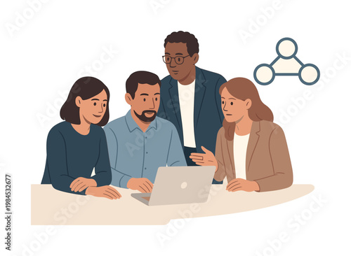 A team aligning structured collaboration during a project discussion, gathered near a laptop while interacting with a simple balanced workflow connection symbol beside it